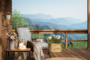 Relaxing corner on the balcony of a wooden house with mountain 3d render